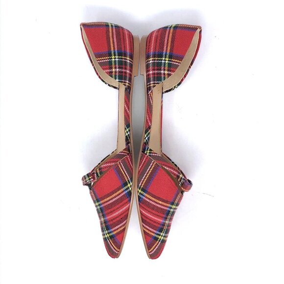 J Crew Shoes Womens 7.5 Red Tartan Dorsay Flats Mini Bow Slip Ons Pointed Toe - Picture 4 of 10